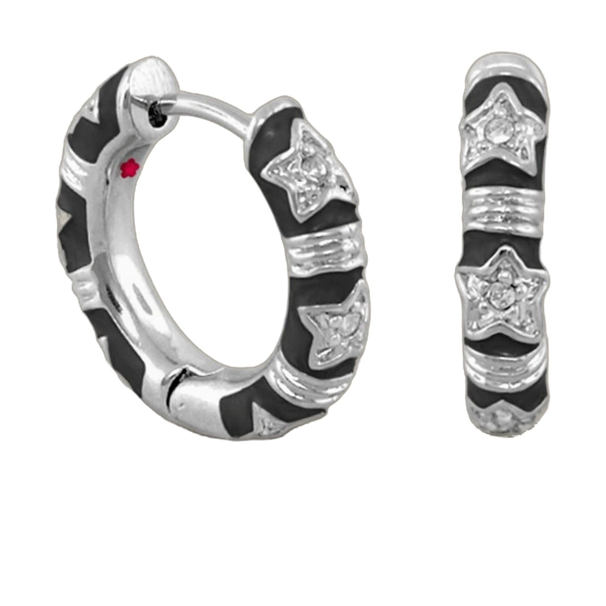 Stars of Night Wide Huggie pair of earrings in silver-tone with black enamel and star crystal accents on Tampa Home & Garden Store