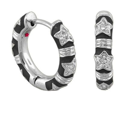 Stars of Night Wide Huggie pair of earrings in silver-tone with black enamel and star crystal accents on Tampa Home & Garden Store