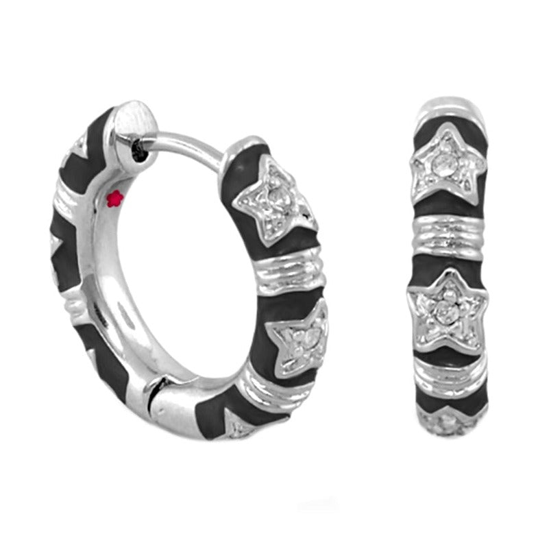 Stars of Night Wide Huggie earrings with black enamel bands and silver star accents pair on Tampa Home & Garden Store