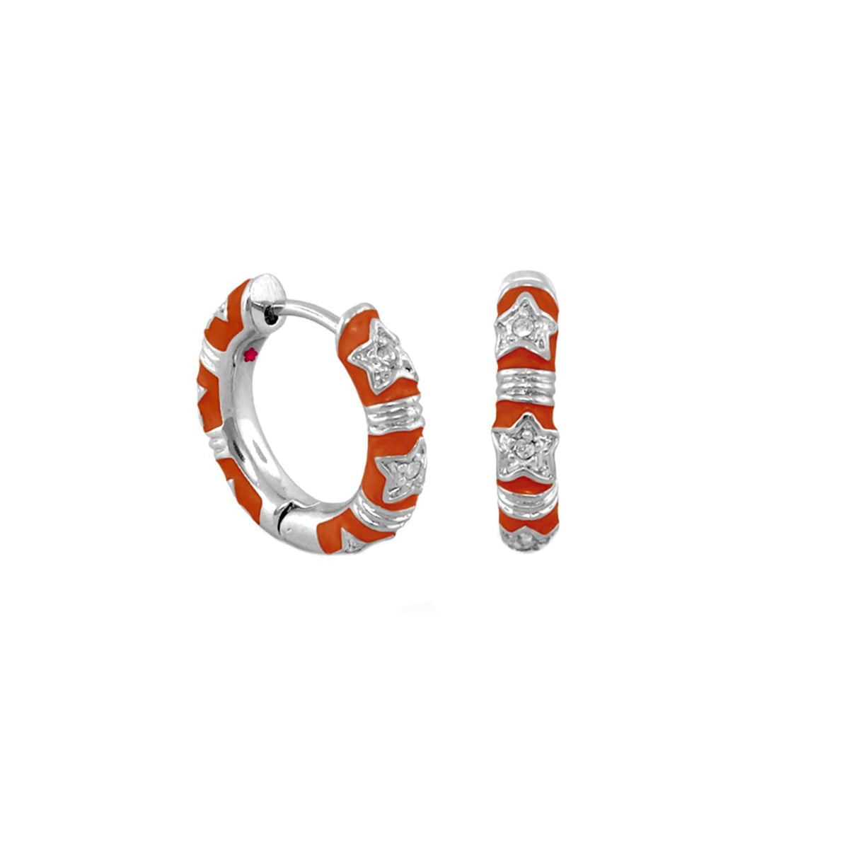 Pair of Stars of Night Wide Huggie earrings in orange enamel with silver stars by Lauren G Adams on Tampa Home & Garden Store