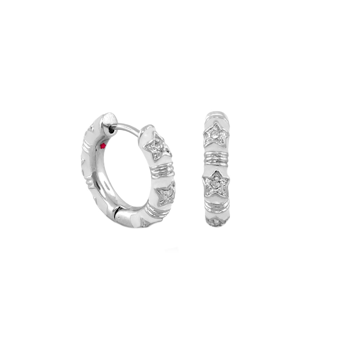 Stars of Night Wide Huggie earrings by Lauren G Adams in silver-tone with star engravings on Tampa Home & Garden Store