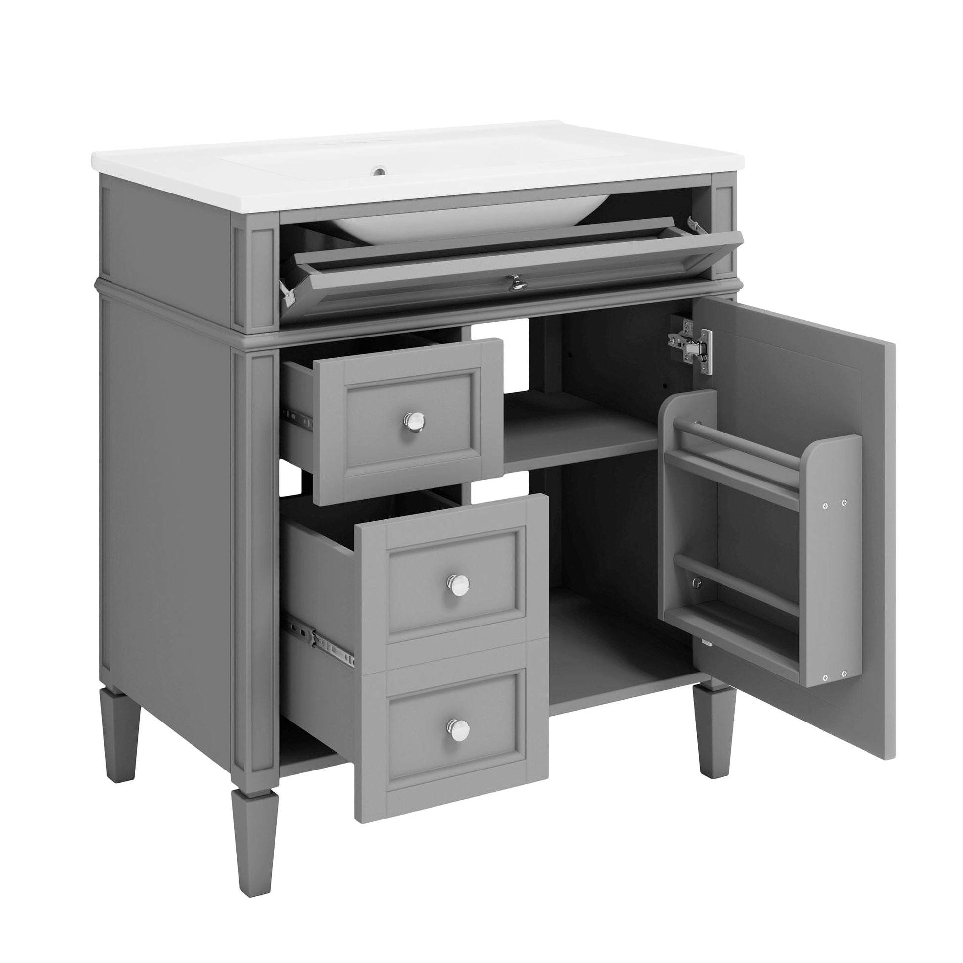 Bathroom vanity with medicine cabinet, grey finish, white top, 2 soft-close doors and 4 drawers on Tampa Home & Garden Store