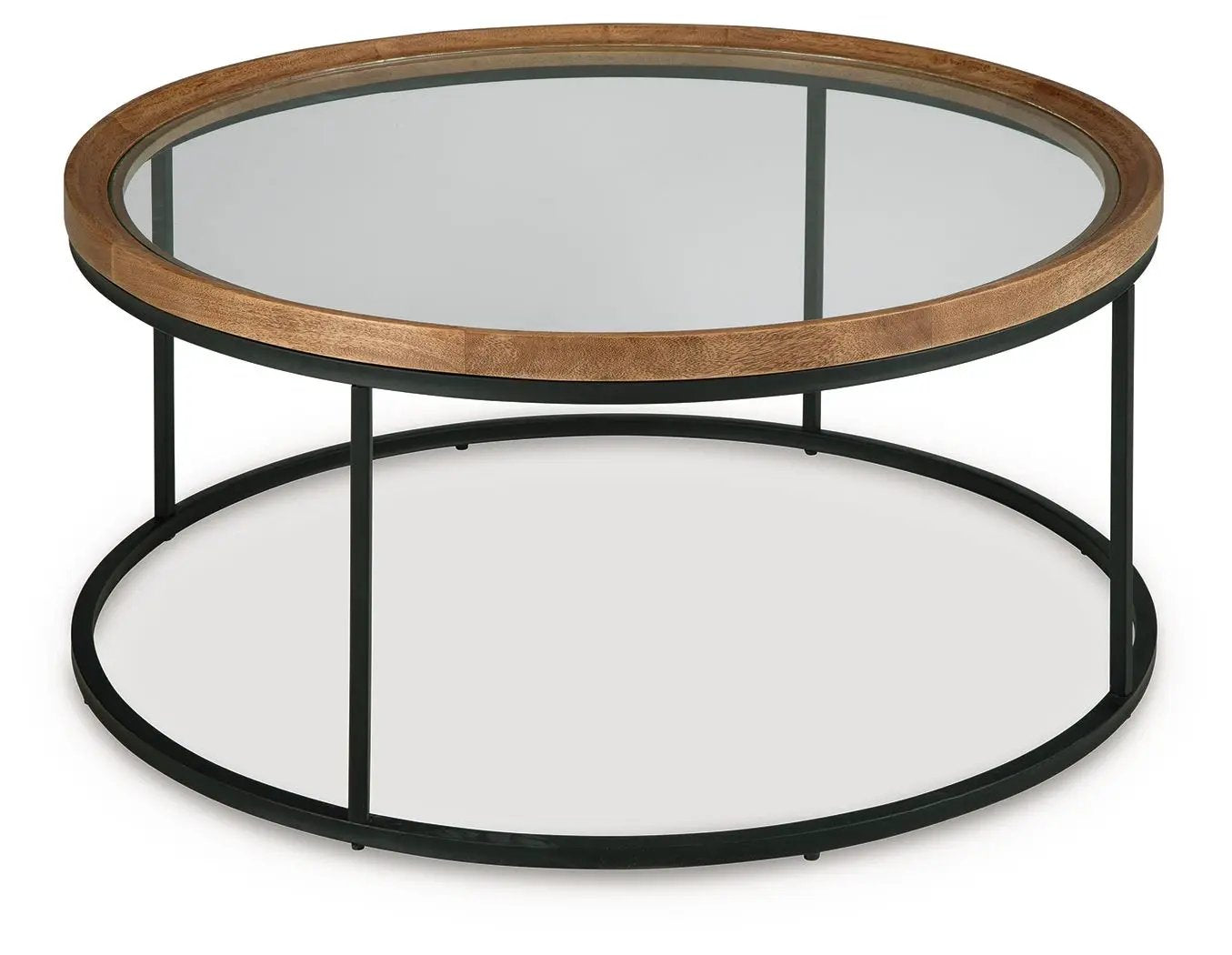 Noraluna round end table glass top wood rim black metal frame Unique Piece Furniture on Tampa Home & Garden Store
