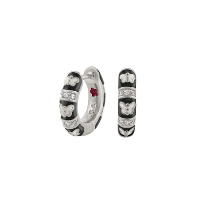 Butterfly World Earrings by Lauren G Adams, black enamel hoop pair with butterfly motifs on Tampa Home & Garden Store