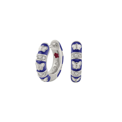 Butterfly World Earrings by Lauren G Adams, blue enamel hoops with silver butterfly accents on Tampa Home & Garden Store
