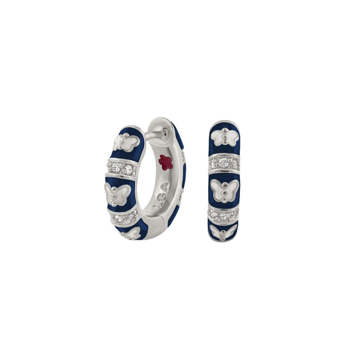 Butterfly World Earrings by Lauren G Adams, blue enamel hoops with butterfly accents on Tampa Home & Garden Store