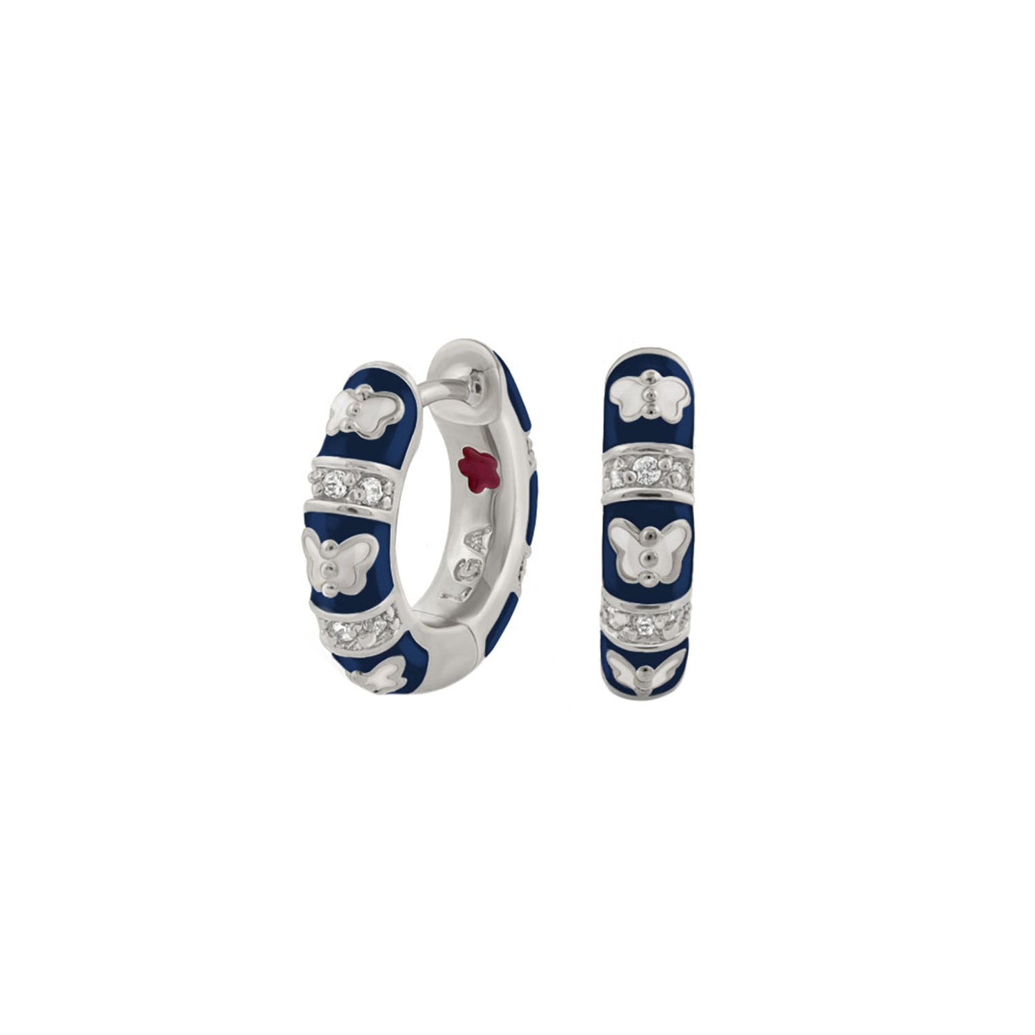 Butterfly World Earrings by Lauren G Adams, blue enamel hoops with butterfly accents on Tampa Home & Garden Store