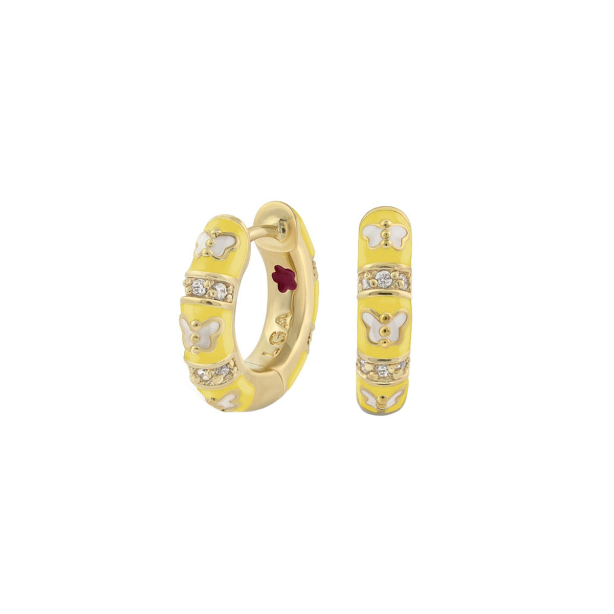 Butterfly World Earrings yellow gold hoops with white enamel butterflies by Lauren G Adams on Tampa Home & Garden Store