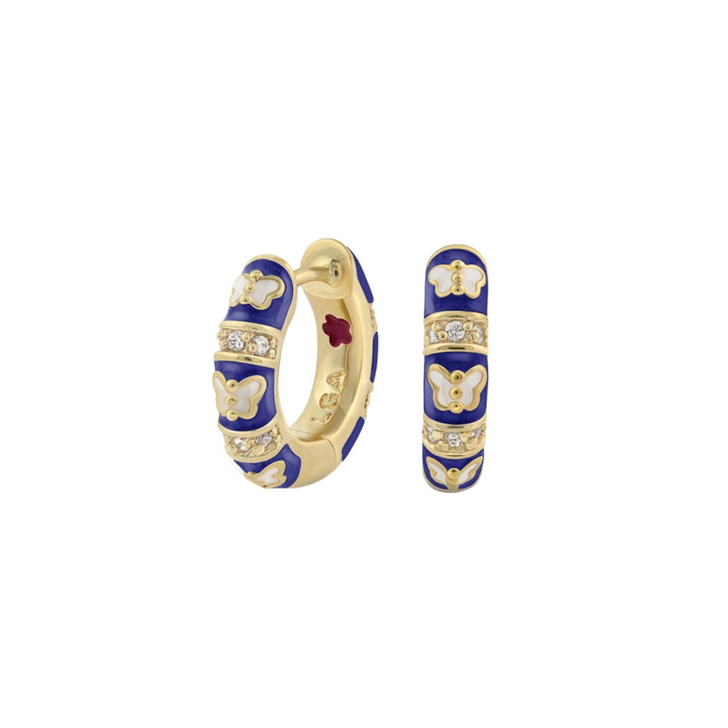 Butterfly World Earrings pair in gold with blue enamel and butterfly motifs on Tampa Home & Garden Store
