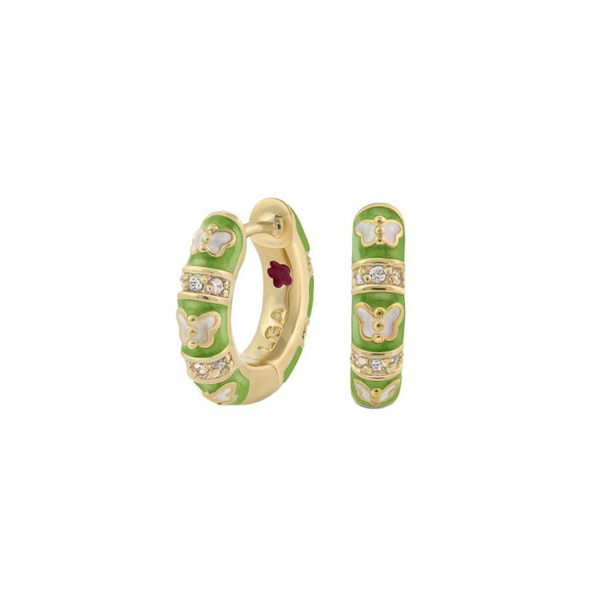 Butterfly World Earrings green enamel hoops with white butterfly motifs and crystal accents on Tampa Home & Garden Store