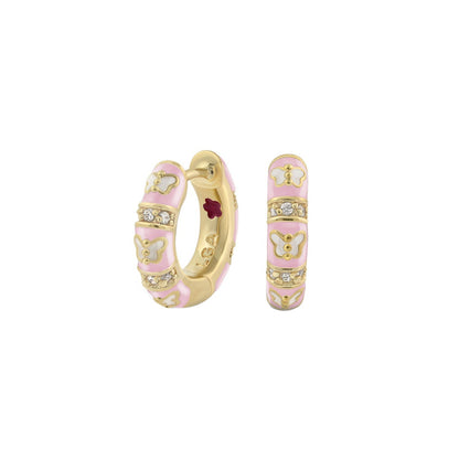 Butterfly World earrings by Lauren G Adams, pink enamel hoops with gold butterfly motifs on Tampa Home & Garden Store