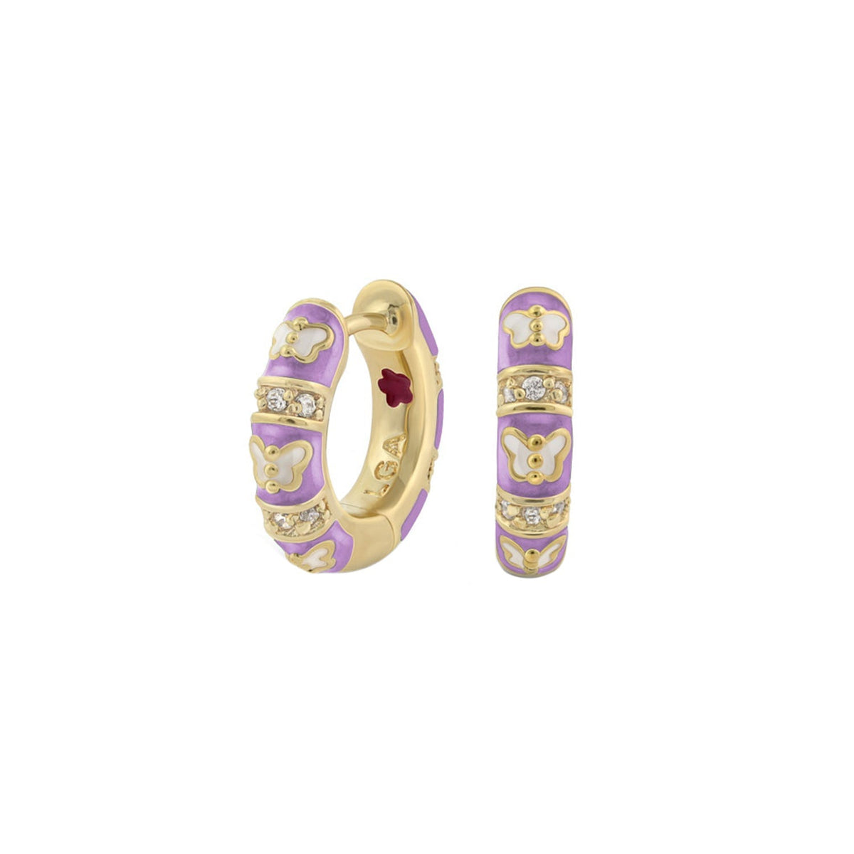 Butterfly World Earrings by Lauren G Adams, purple enamel gold hoops with butterfly motifs on Tampa Home & Garden Store