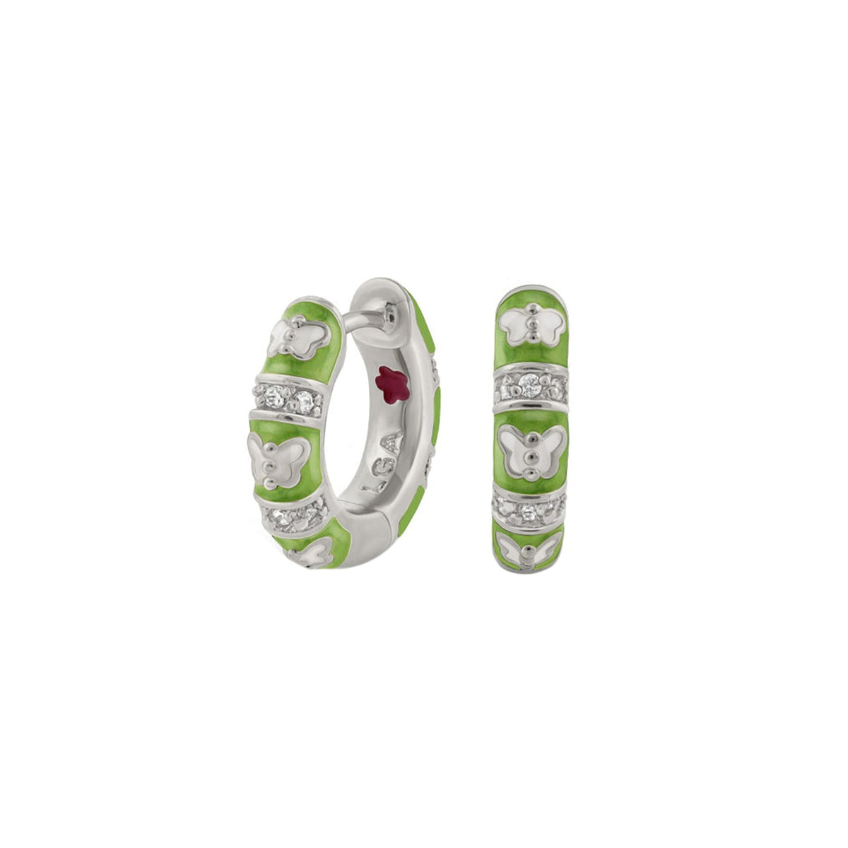 Butterfly World Earrings by Lauren G Adams, lime enamel hoops with butterfly charms on Tampa Home & Garden Store
