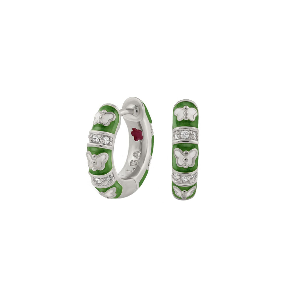 Butterfly World earrings by Lauren G Adams, green enamel butterfly hoops with crystal bands on Tampa Home & Garden Store