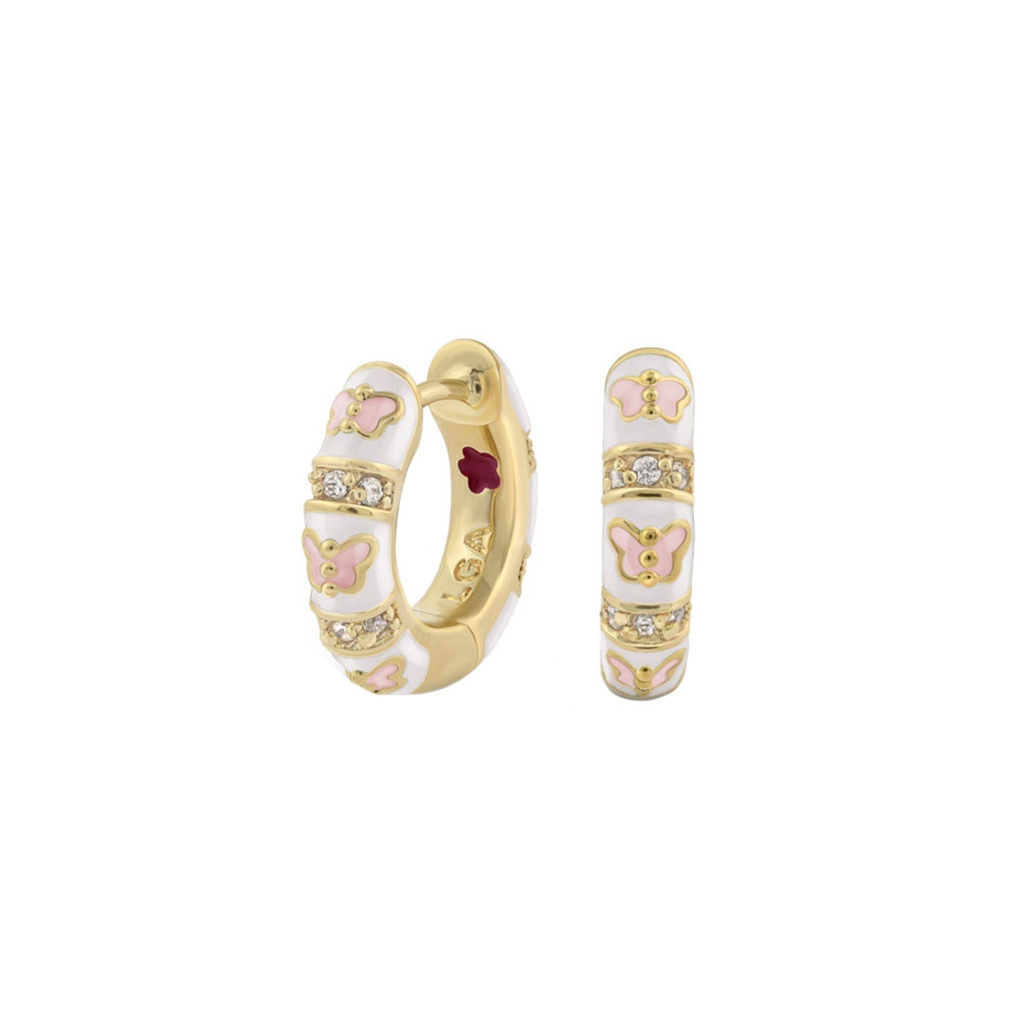 Butterfly World Earrings by Lauren G Adams gold-tone hoops with white enamel and butterflies on Tampa Home & Garden Store