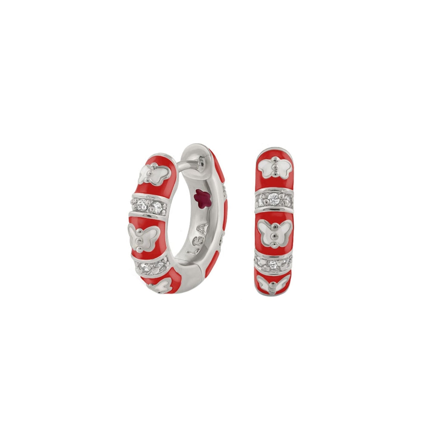 Butterfly World Earrings pair in red enamel with silver butterfly accents and crystal bands on Tampa Home & Garden Store
