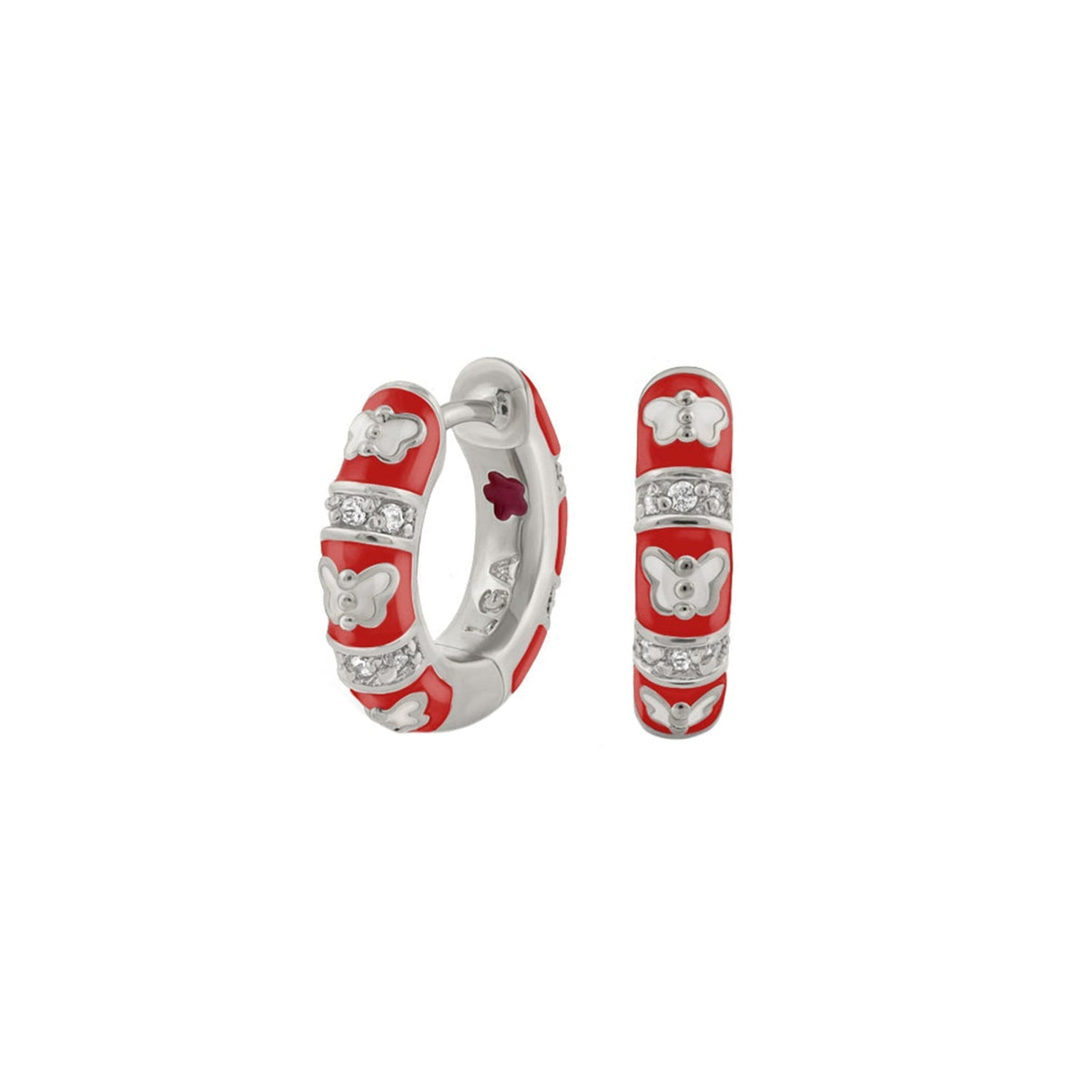 Butterfly World Earrings pair in red enamel with silver butterfly accents and crystal bands on Tampa Home & Garden Store