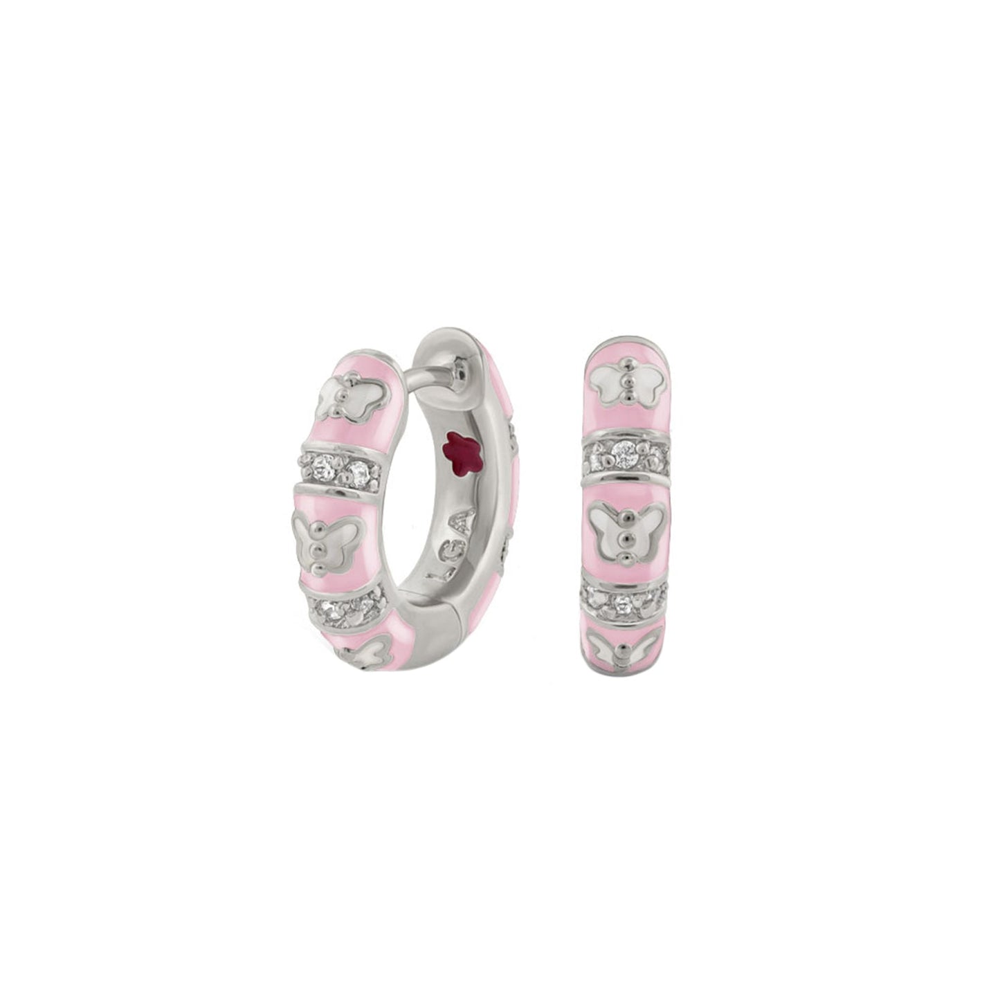 Butterfly World Earrings pink enamel hoop with butterfly charms and crystal accents by Lauren G Adams on Tampa Home & Garden Store
