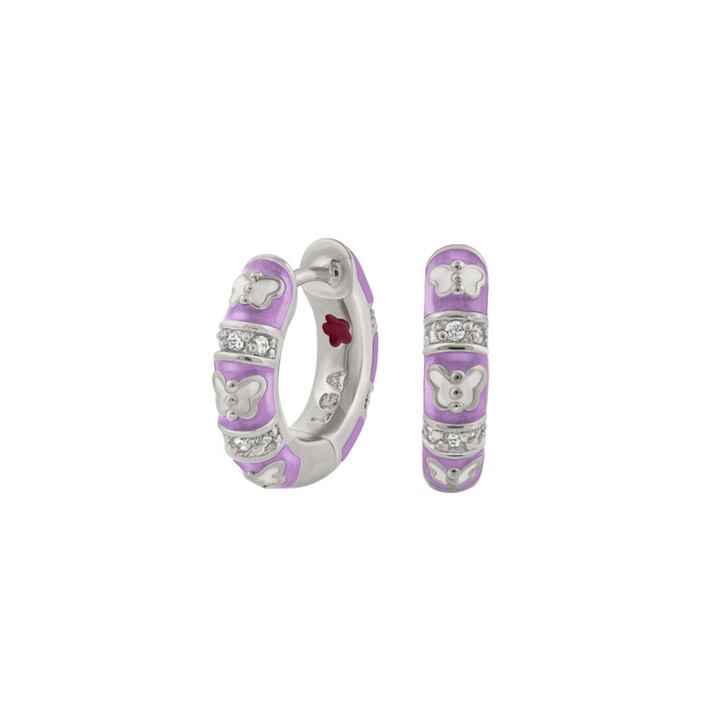 Butterfly World Earrings lavender enamel hoops silver butterfly accents and crystals by Lauren G Adams on Tampa Home & Garden Store