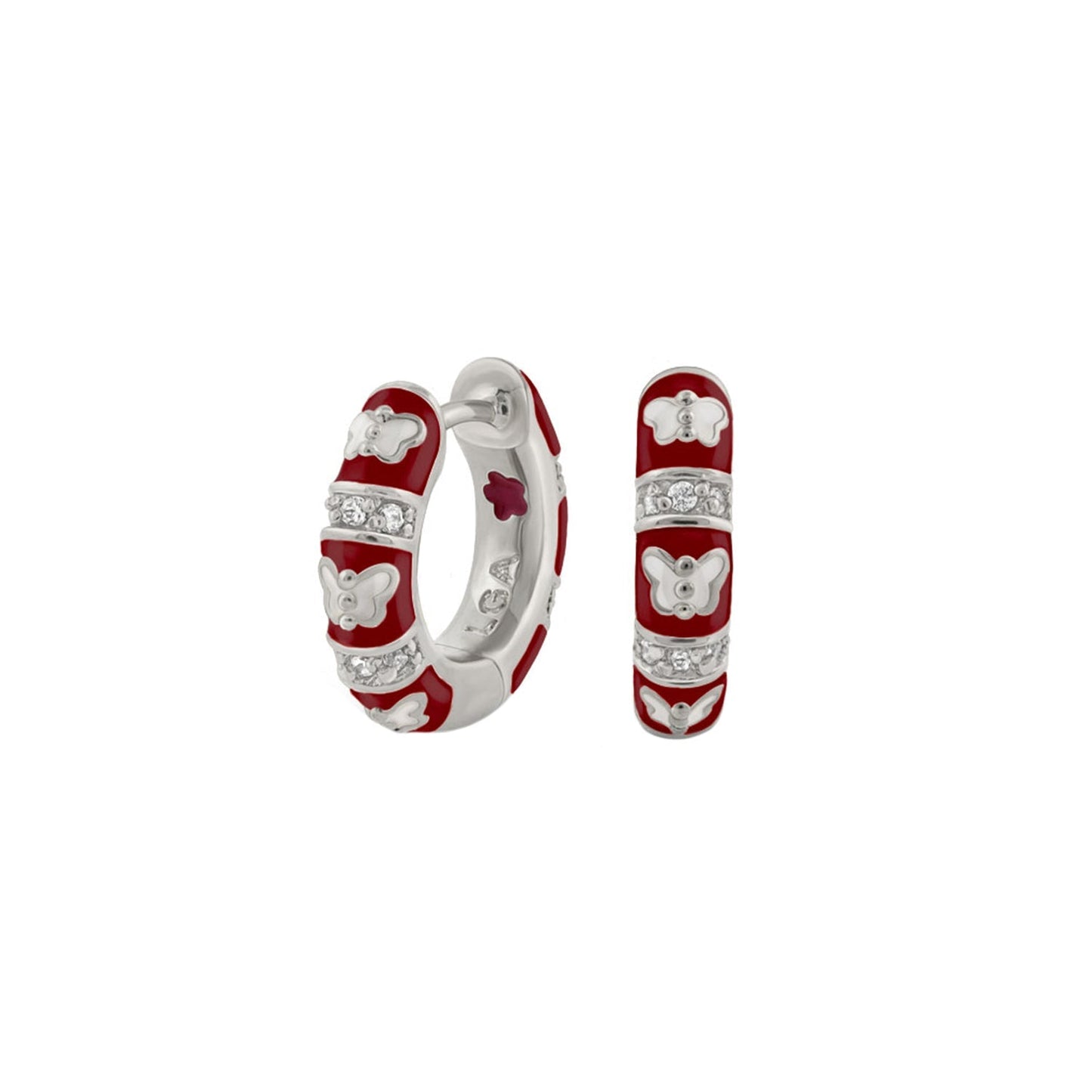 Butterfly World Earrings red enamel hoops with butterfly accents and crystal bands on Tampa Home & Garden Store