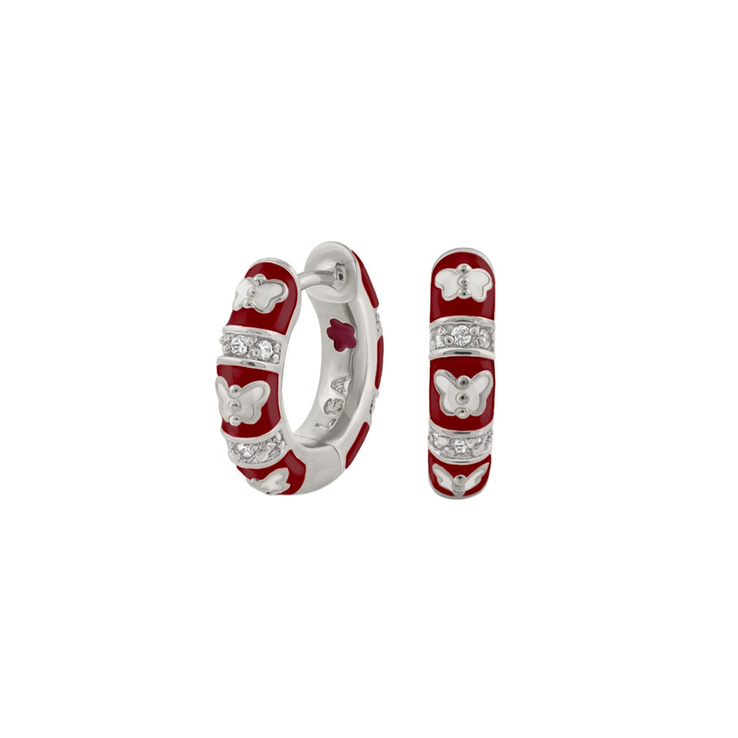 Butterfly World Earrings red enamel hoops with butterfly accents and crystal bands on Tampa Home & Garden Store