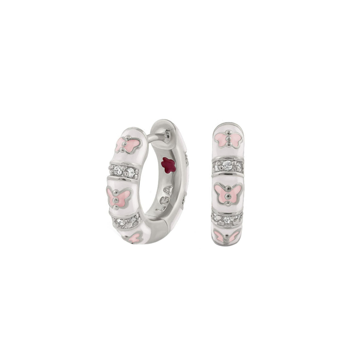 Butterfly World earrings by Lauren G Adams; silver hoops with pink butterflies and crystals on Tampa Home & Garden Store