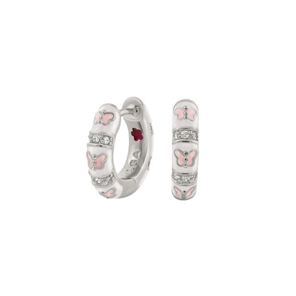Butterfly World earrings by Lauren G Adams; silver hoops with pink butterflies and crystals on Tampa Home & Garden Store