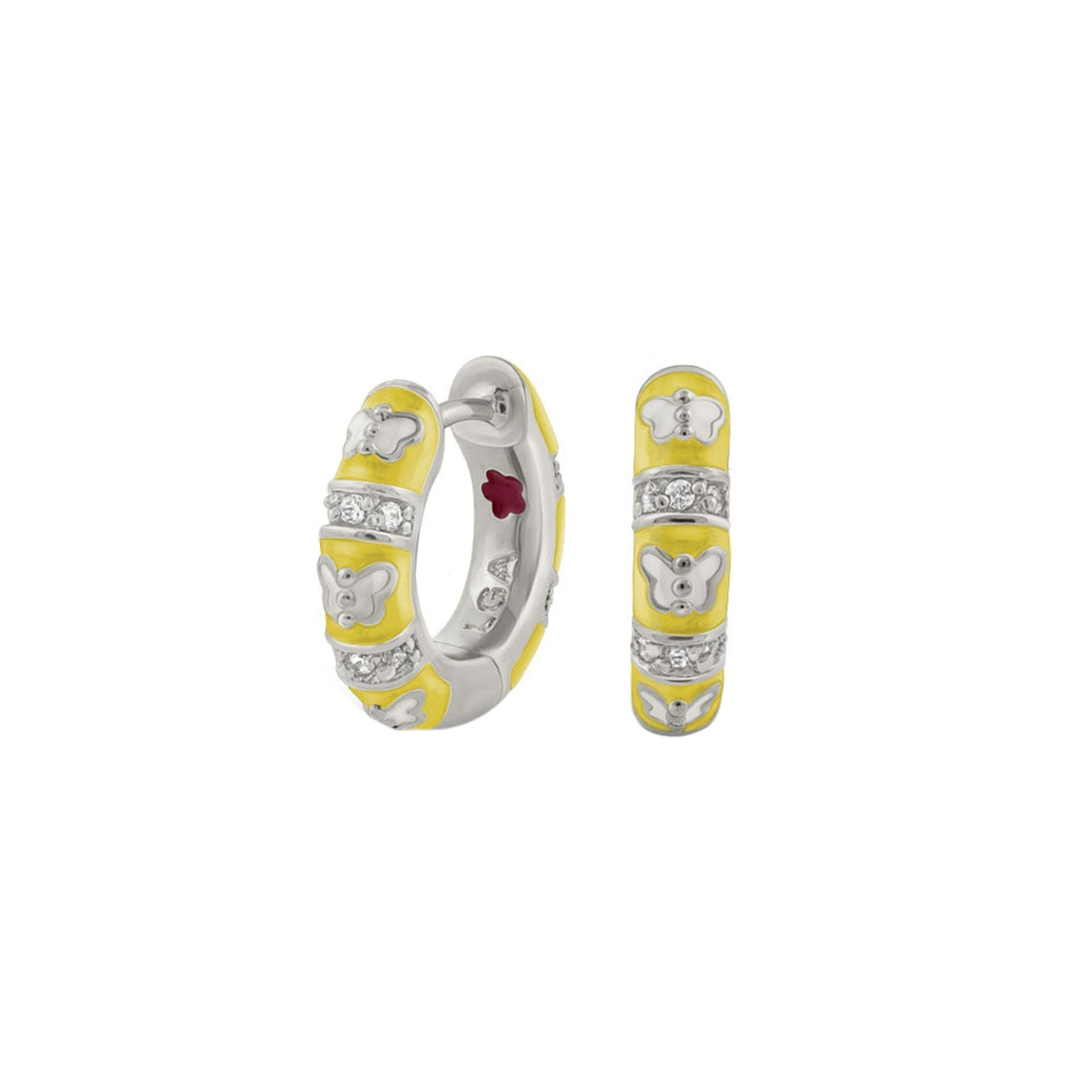Butterfly World Earrings yellow enamel silver hoops with butterfly motifs and crystal accents on Tampa Home & Garden Store