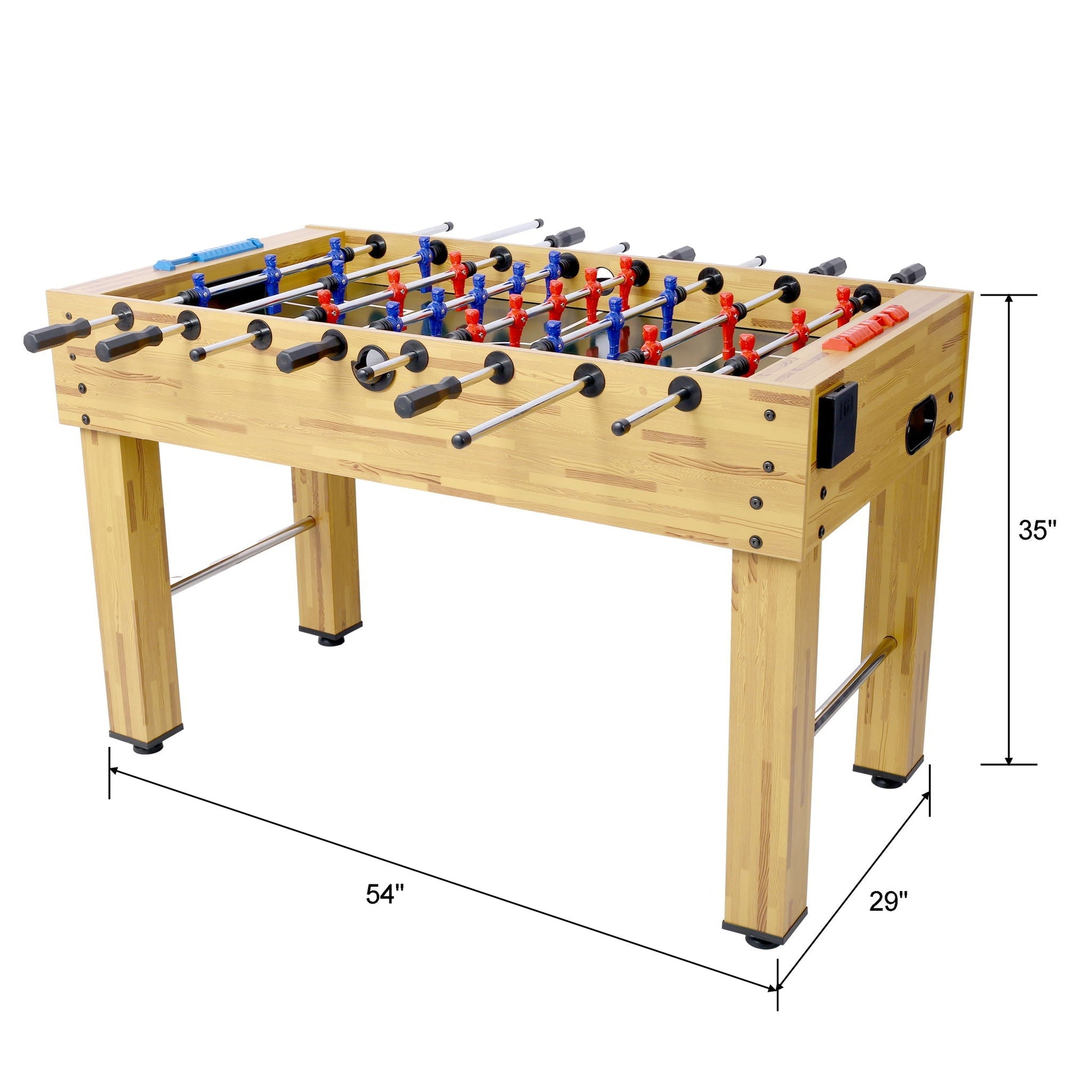 Hurricane foosball table in natural wood finish with red and blue players for family game rooms on Tampa Home & Garden Store