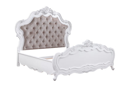 Latisha Wood Bed, white carved slat bed with tufted beige headboard footboard HouseOfZazla on Tampa Home & Garden Store