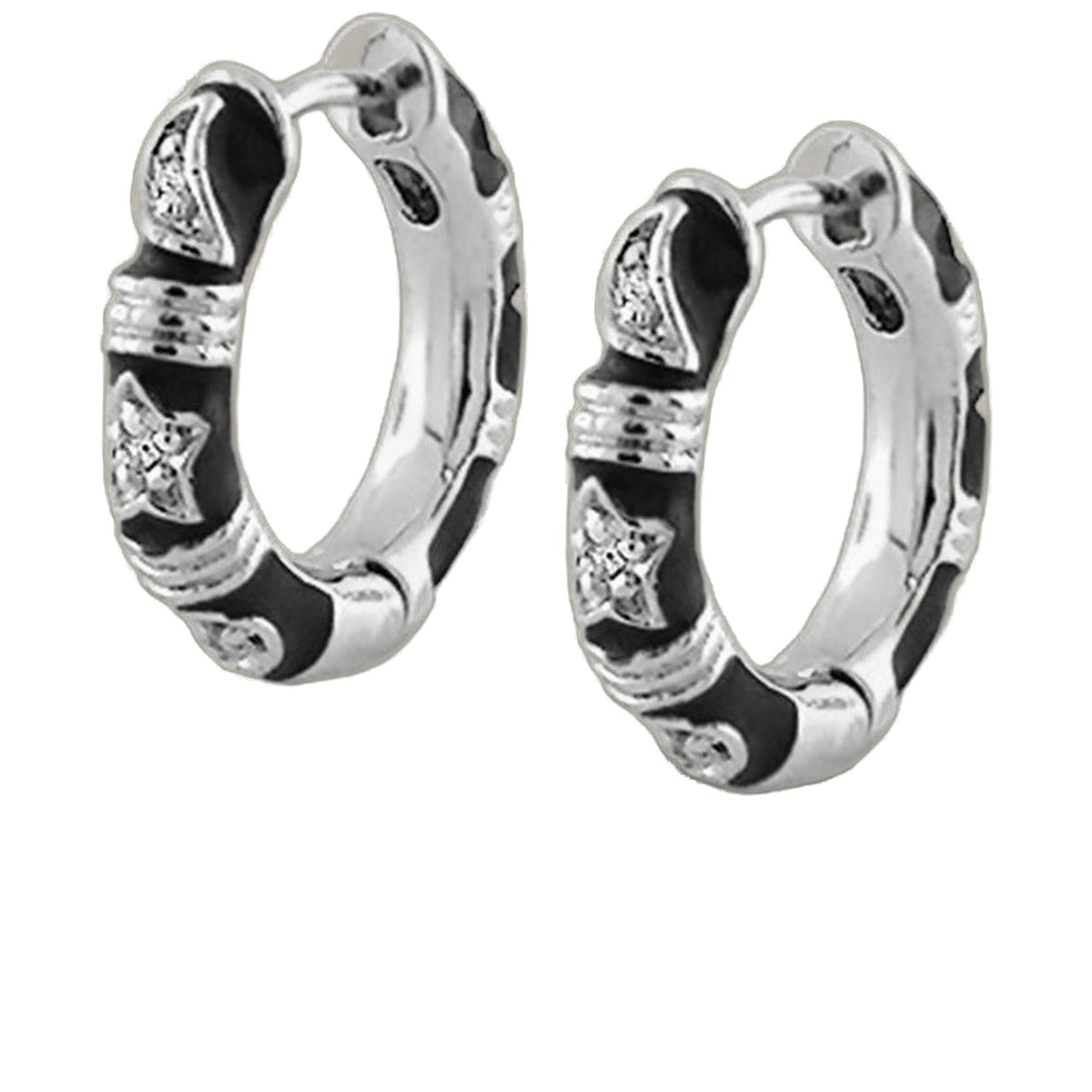 Stars of Night Earrings Slim Hoop silver hoops with black enamel pavé crystals pair on Tampa Home & Garden Store
