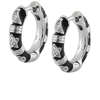 Stars of Night Earrings Slim Hoop silver hoops with black enamel pavé crystals pair on Tampa Home & Garden Store