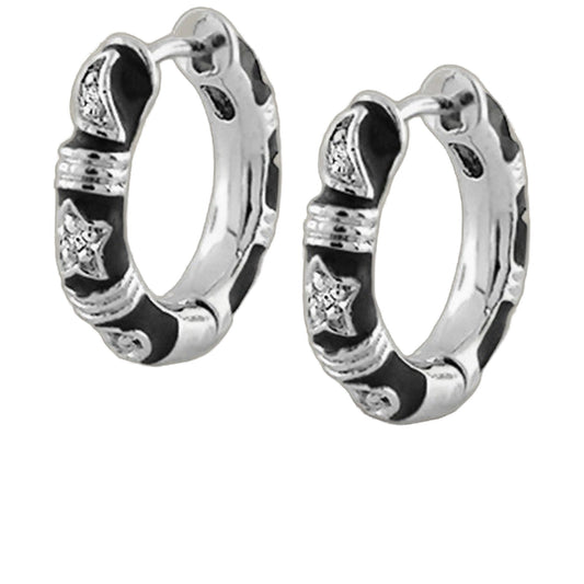 Stars of Night Earrings Slim Hoop silver hoops with black enamel pavé crystals pair on Tampa Home & Garden Store