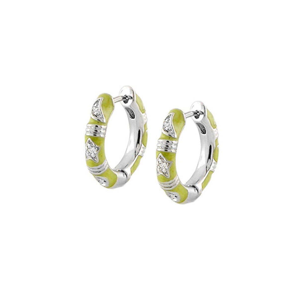 Stars of Night Slim Hoop earrings by Lauren G Adams; lime enamel hoops with diamond stars, pair on Tampa Home & Garden Store