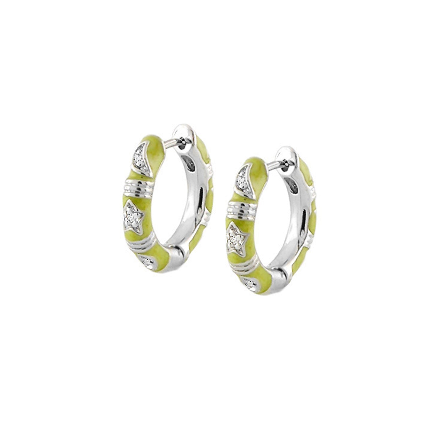 Stars of Night Slim Hoop earrings by Lauren G Adams; lime enamel hoops with diamond stars, pair on Tampa Home & Garden Store