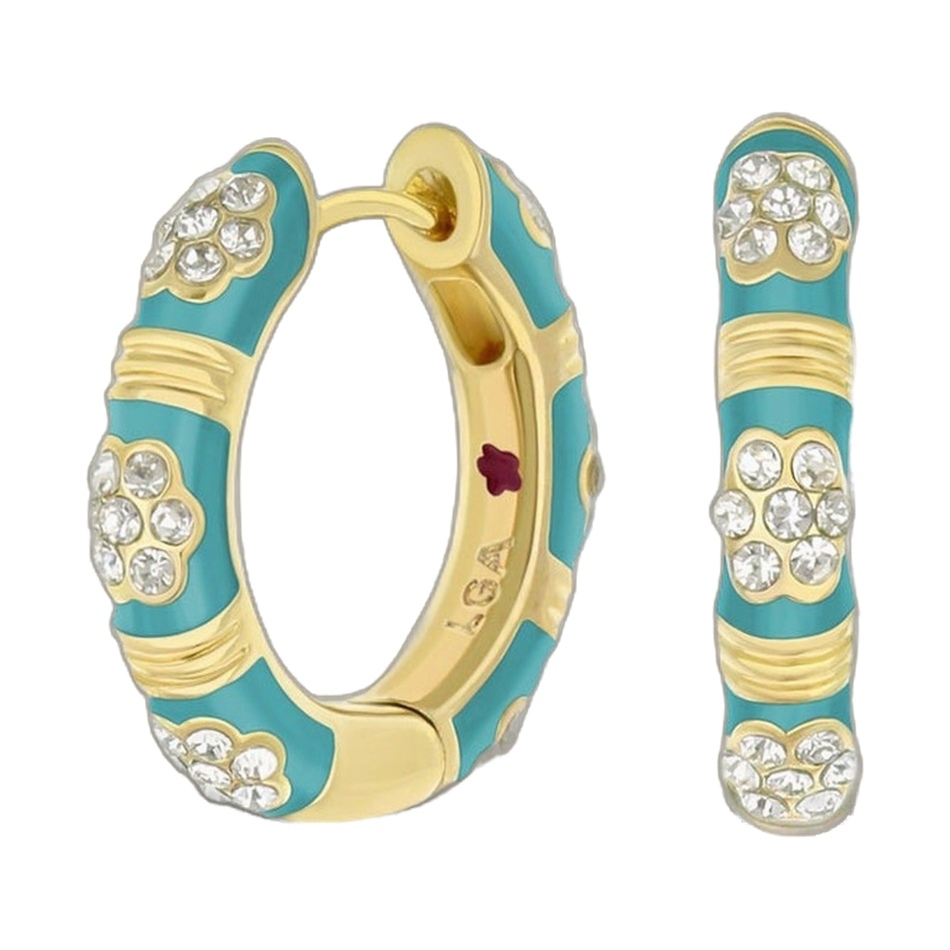 Daisy Love Pavé Cluster Huggie Earrings, turquoise enamel on gold-tone hoops with crystals on Tampa Home & Garden Store