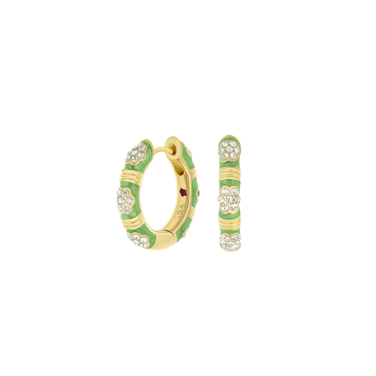 Daisy Love Pavé Cluster Huggie earrings: gold hoops with green enamel and crystal pavé on Tampa Home & Garden Store