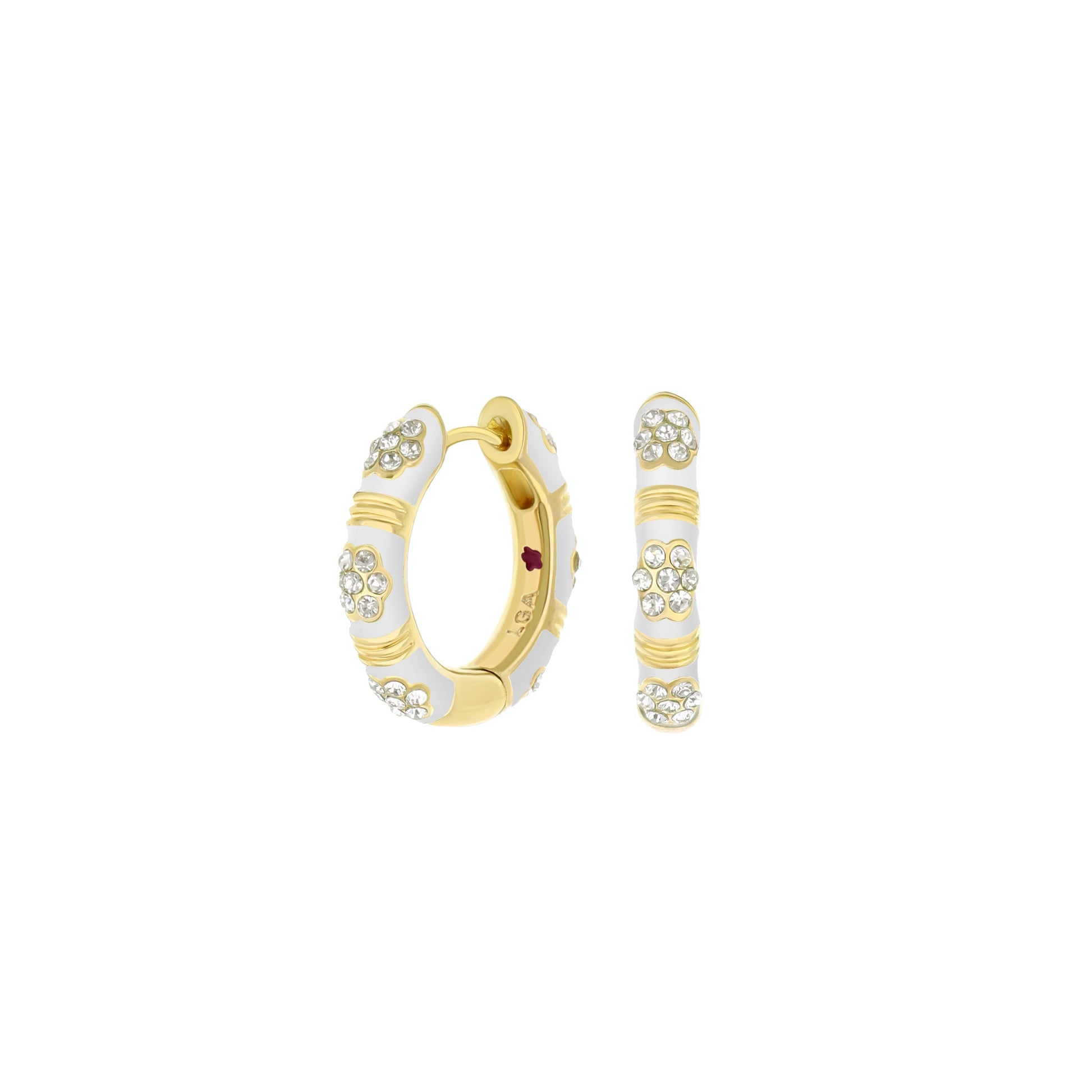 Daisy Love Pavé Cluster Huggie earrings in gold-tone with white enamel and crystal pavé on Tampa Home & Garden Store