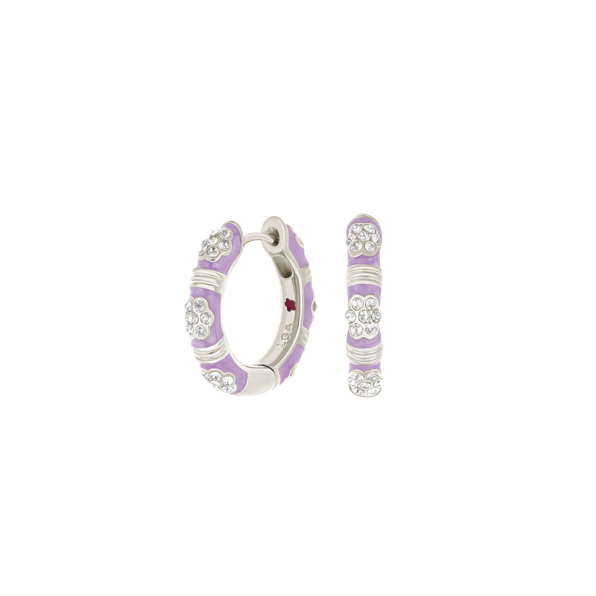 Daisy Love Pavé Cluster Huggie earrings in lilac enamel with crystals on Tampa Home & Garden Store