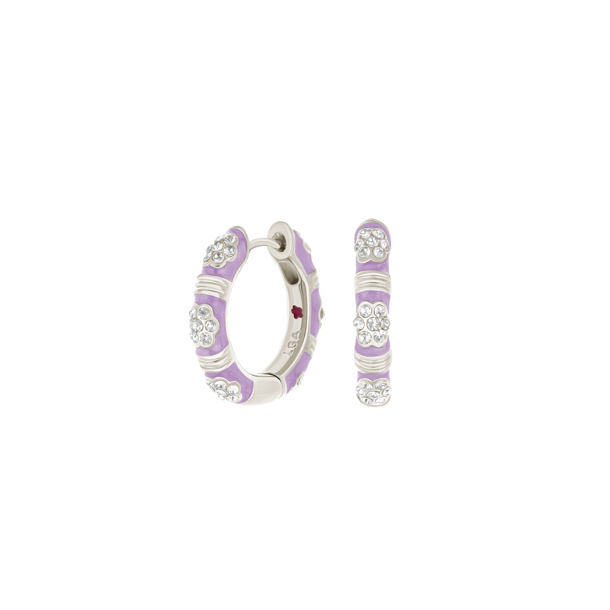Daisy Love Pavé Cluster Huggie earrings in lilac enamel with crystals on Tampa Home & Garden Store