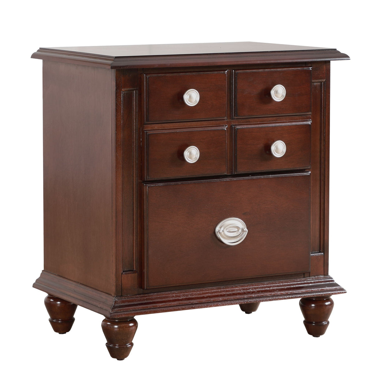 Cappuccino Accent Nightstand with real wood veneers, six drawers, silver knobs on Tampa Home & Garden Store