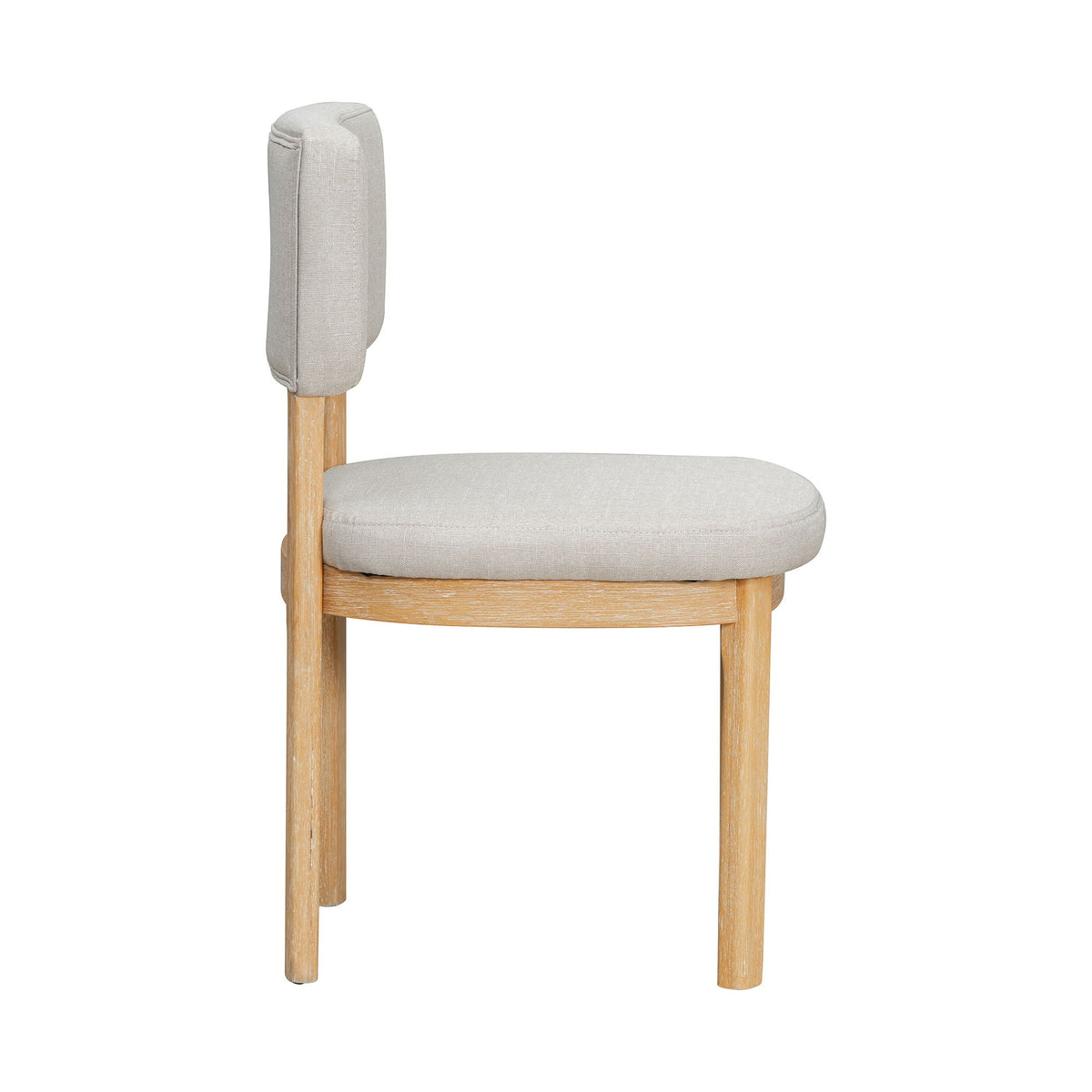 Upholstered dining chair in light gray fabric with wooden legs, 1 of 6 chairs in a 7-piece set on Tampa Home & Garden Store