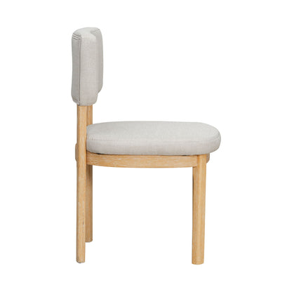 Upholstered dining chair in light gray fabric with wooden legs, 1 of 6 chairs in a 7-piece set on Tampa Home & Garden Store