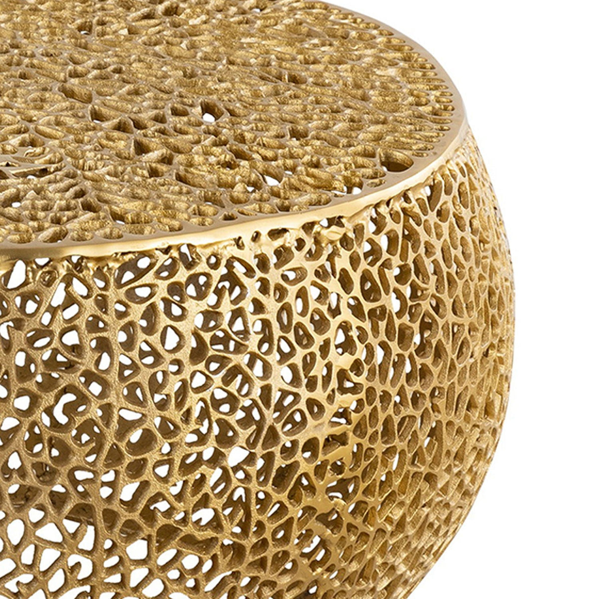 Round coffee table with gold aluminum frame and intricate open lattice pattern on Tampa Home & Garden Store