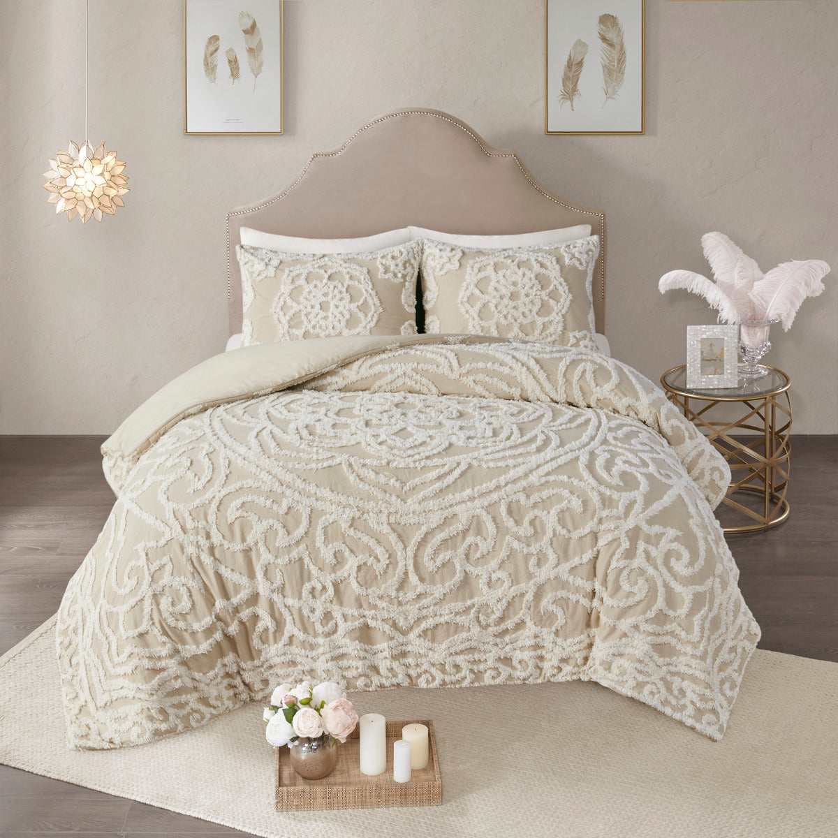 King/Cal King duvet cover set with tufted cotton and chenille medallion ivory beige 2 shams on Tampa Home & Garden Store