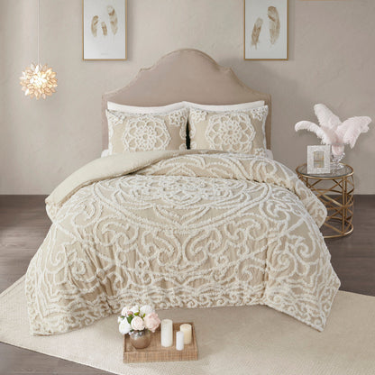 King/Cal King duvet cover set with tufted cotton and chenille medallion ivory beige 2 shams on Tampa Home & Garden Store