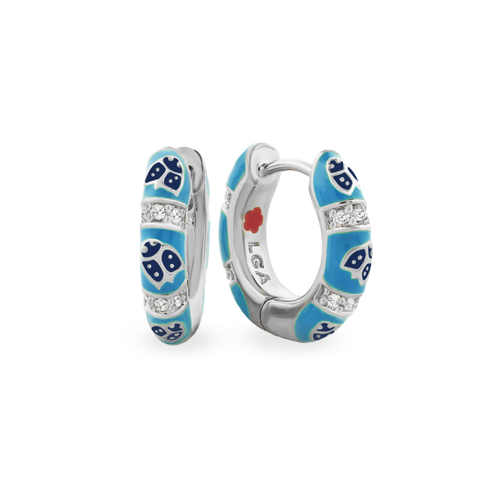 Lady Poof Earrings turquoise enamel hoops by Lauren G Adams with crystal pavé bands, on Tampa Home & Garden Store