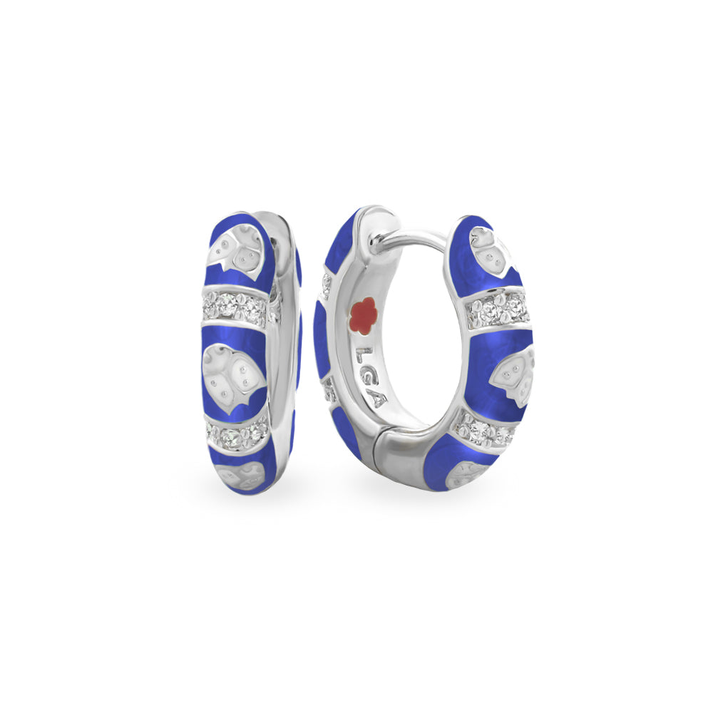 Lady Poof Earrings pair by Lauren G Adams; blue enamel hoop with pavé diamonds in silver on Tampa Home & Garden Store