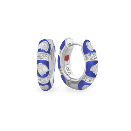 Lady Poof Earrings pair by Lauren G Adams; blue enamel hoop with pavé diamonds in silver on Tampa Home & Garden Store