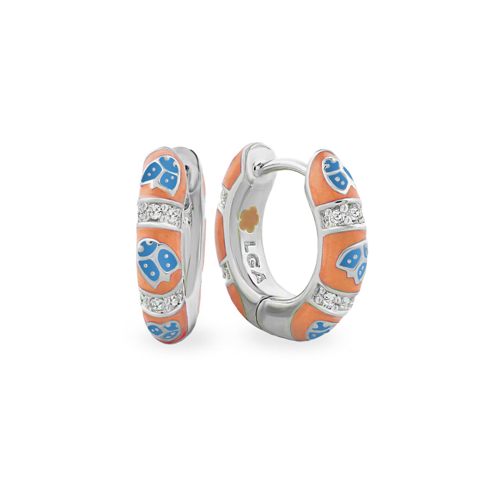 Lady Poof Earrings hoops in orange enamel with blue accents and crystals, Lauren G Adams on Tampa Home & Garden Store